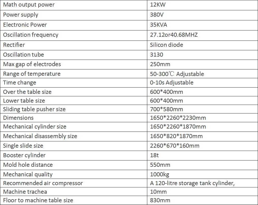 12KW High Frequency Synchronous Fusing Machine Parameter