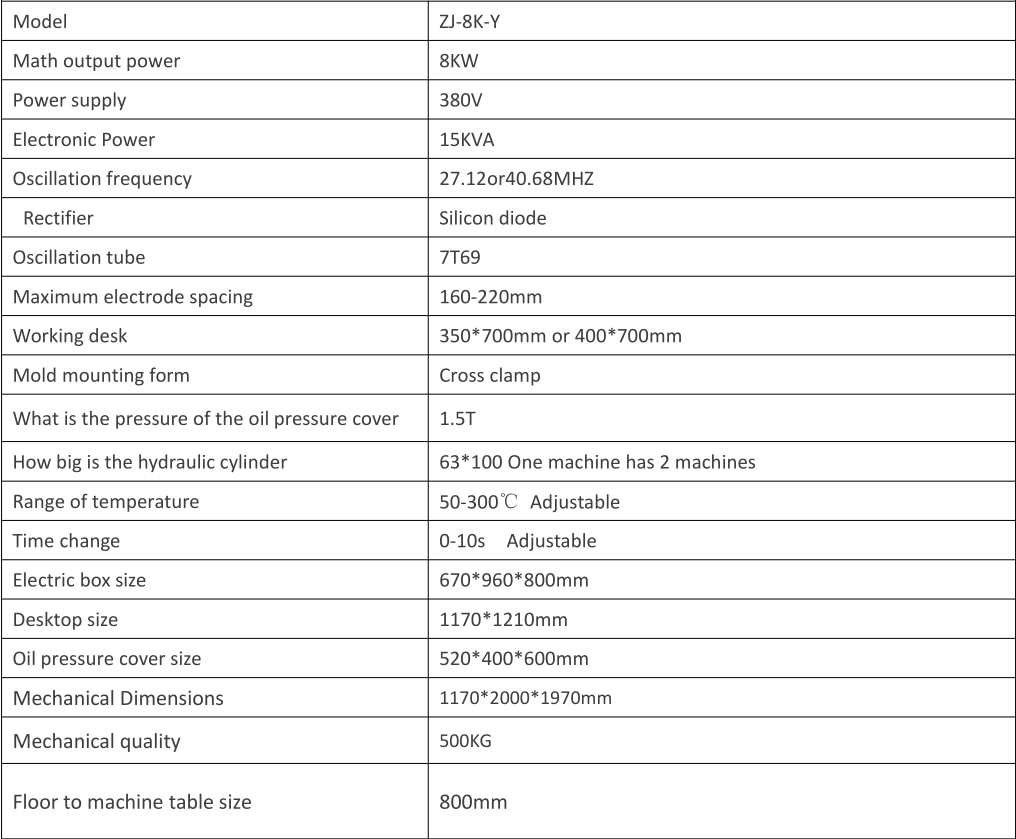 8KW Oil Pressure High Frequency Welding Machine Parameter