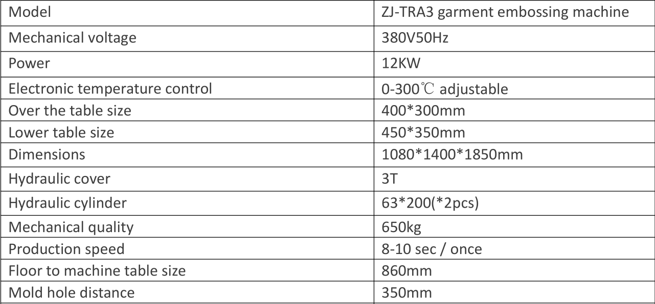 12KW Garment Embossing Machine Parameter