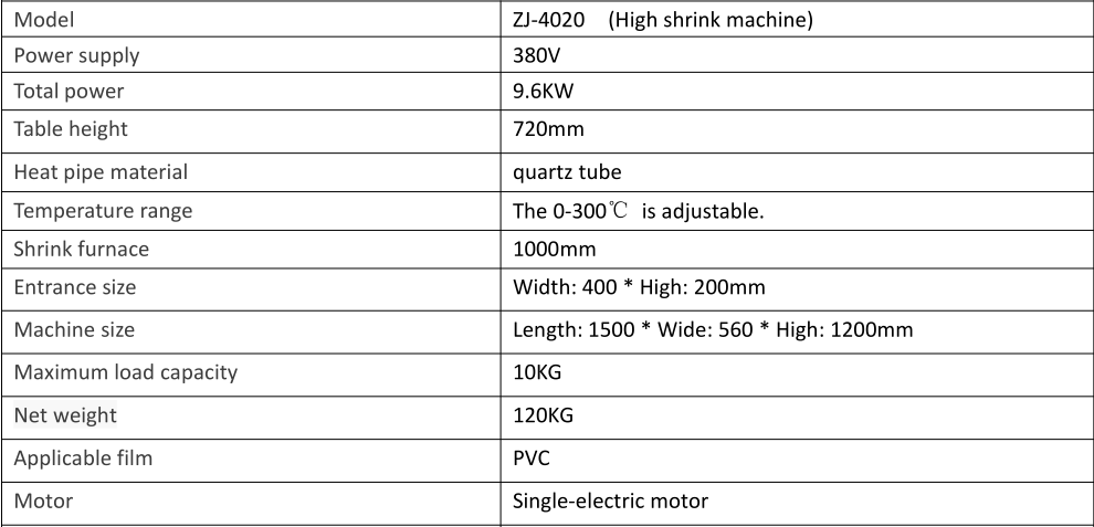 Shrink Wrapping Machine Parameter