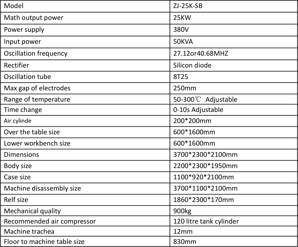 25KW Large Power Slide Type High Frequency Welding Machine Parameter