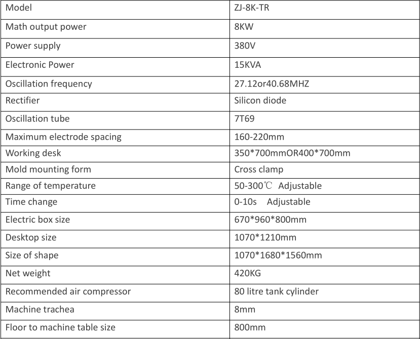 8KW Pneumatic High Frequency Welding Machine Parameter