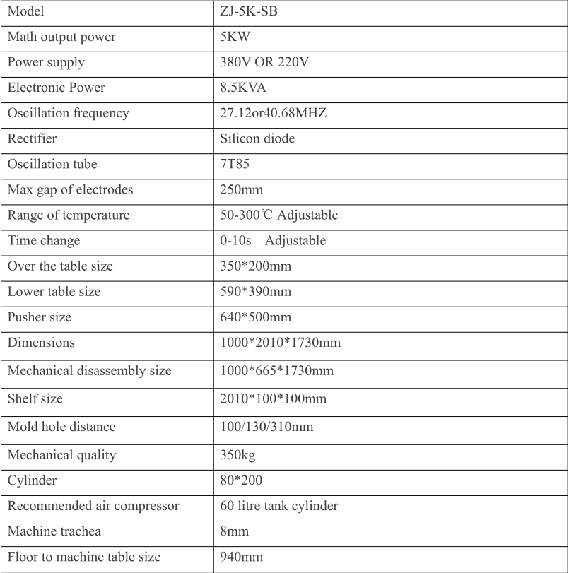 5KW Push High Frequency Welding Machine Parameter