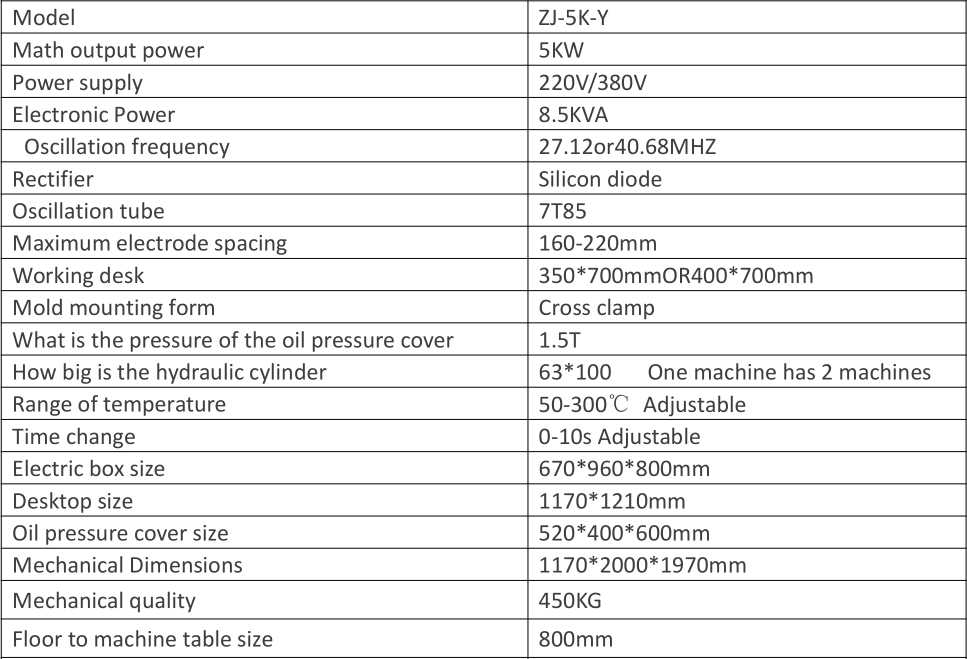 5KW Oil Pressure High Frequency Welding Machine Parameter