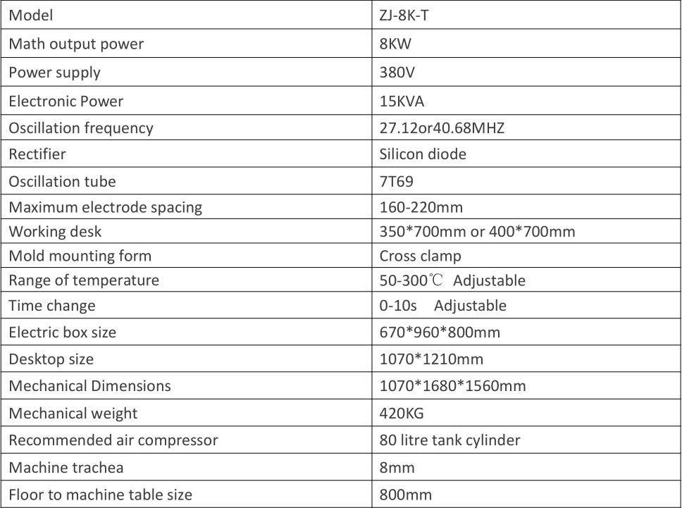 8 KW Double Head High Frequency Plastic Welding Machine Parameter