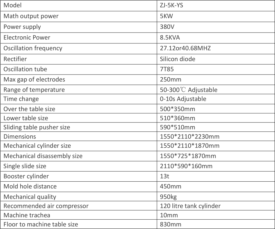 5KW High Frequency Cutting Machine Parameter