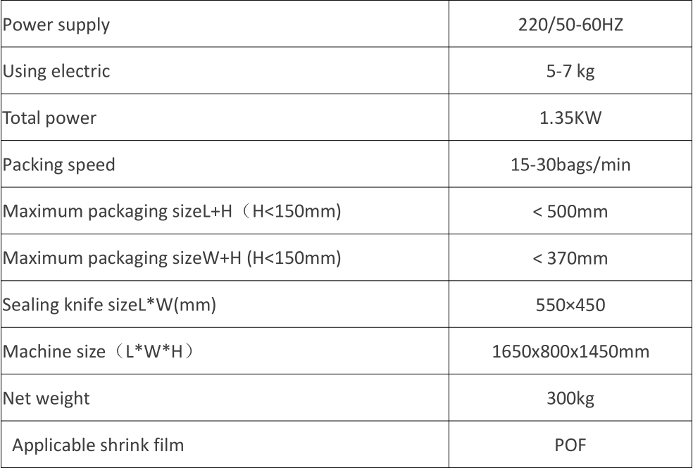 Automatic L-type Shrink Wrapping Machine Parameter