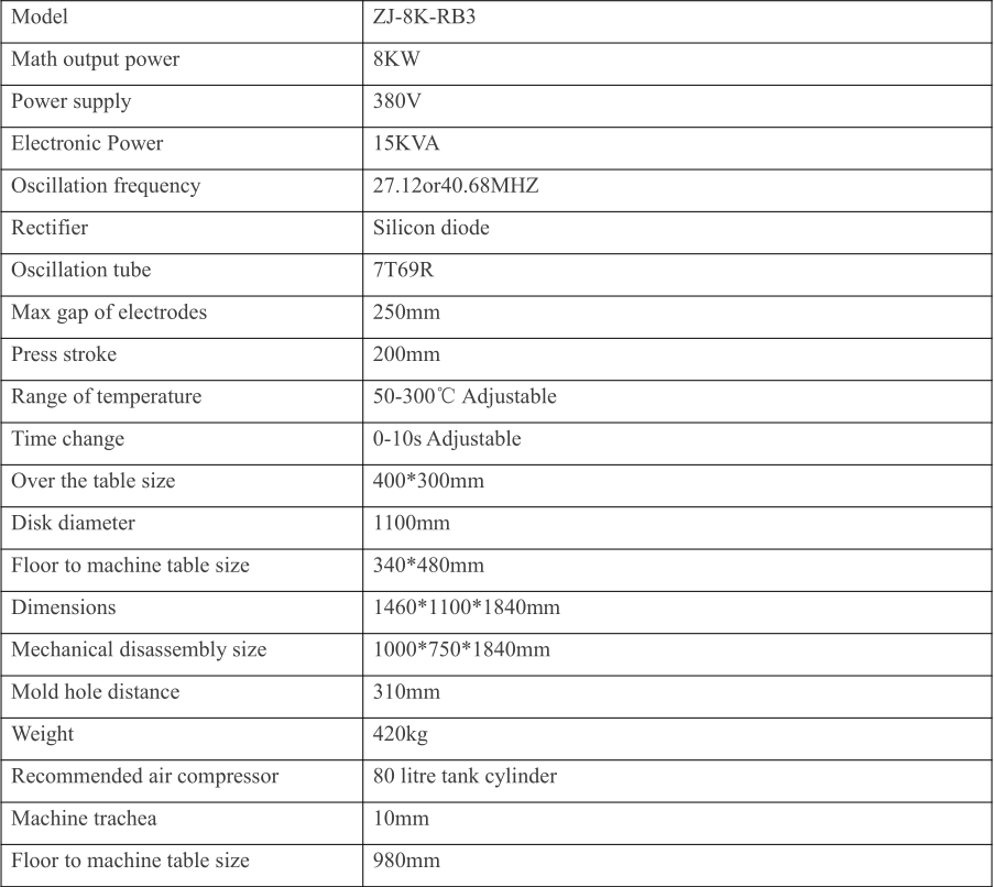 8KW Rotary High Frequency Welding Machine Parameter