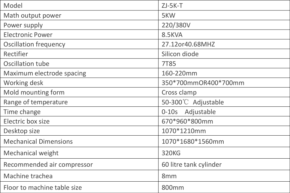 5 KW Double Head High Frequency Plastic Welding Machine Parameter