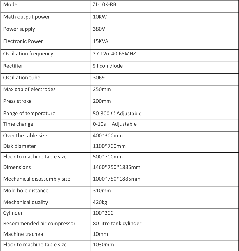 10KW Turntable High Frequency Welding Machine Parameter