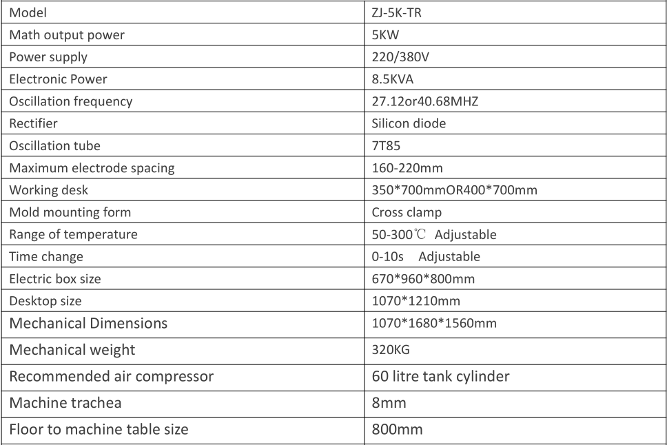 5KW Pneumatic High Frequency Welding Machine Parameter