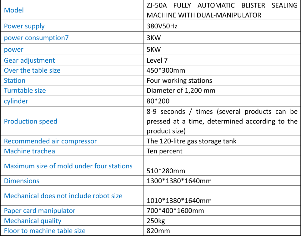 Double Manipulator Automatic Blister Sealing Machine Parameter