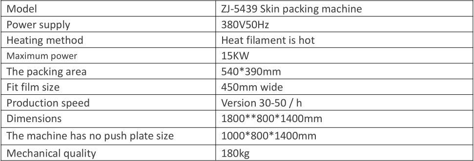 Skin Vacuum Packaging Machine Parameter