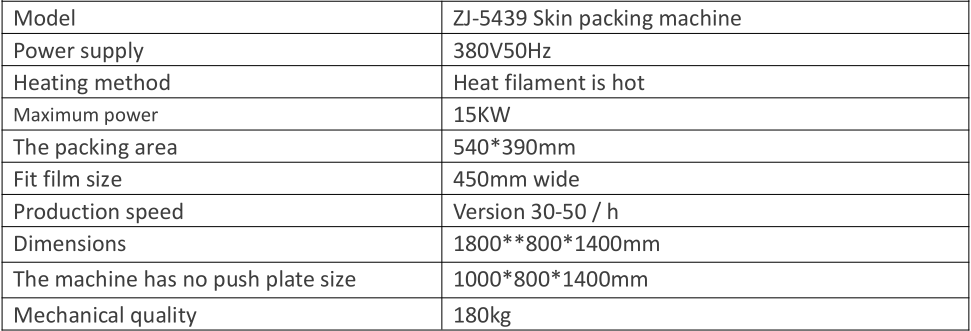 Skin Packaging Machine Parameter