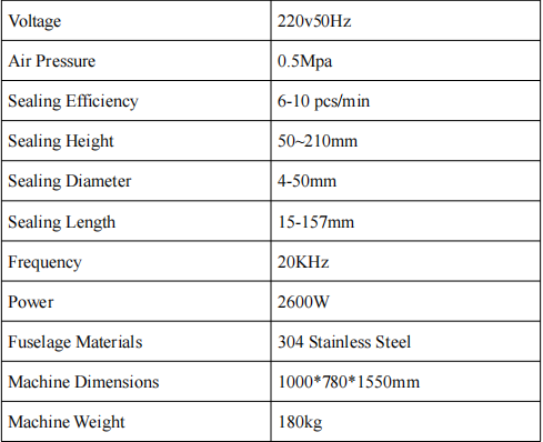 Ultrasonic Toothpaste ​Tube Sealing Machine Parameter