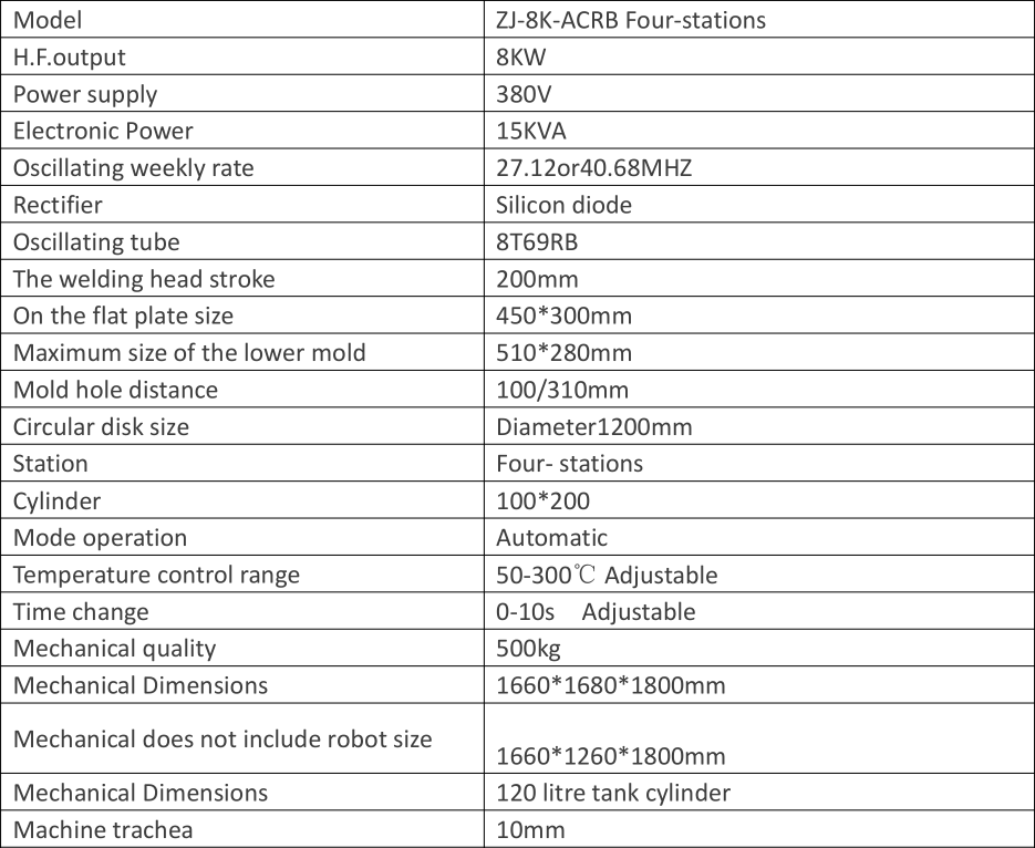 8KW Automatic Rotary Table High Frequency Machine Parameter