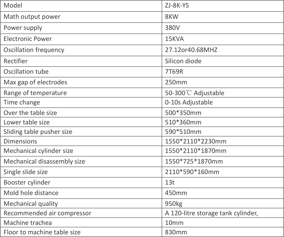 8KW High Frequency Cutting Machine Parameter