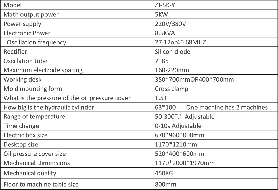 5KW Hydraulic Type High Frequency Welding Machine Parameter