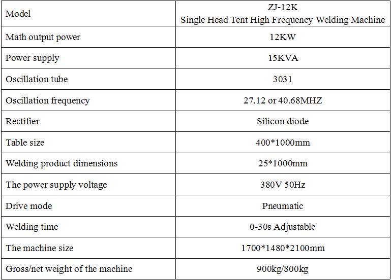 12KW Canvas Tarpaulin Welding Machine Parameter