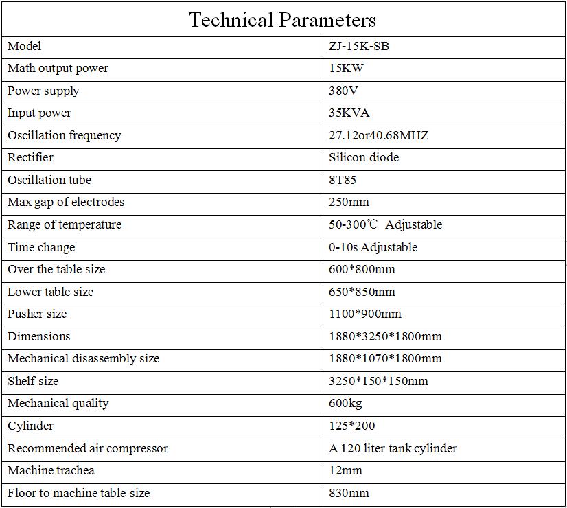 15KW Automatic Slide Type High Frequency Welding Machine Parameter