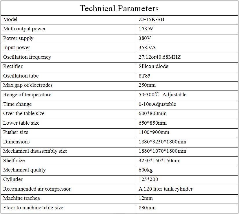 15KW Automatic Slide Table High Frequency Welding Machine Parameter