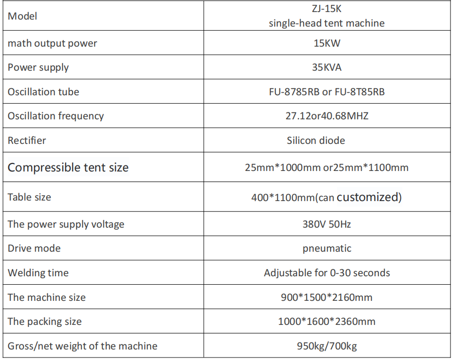 15KW Canvas Tarpaulin Welding Machine Parameter