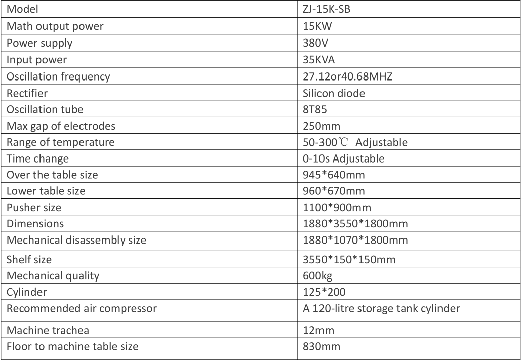 15KW Push Type Hydraulic High Frequency Welding Machine Parameter