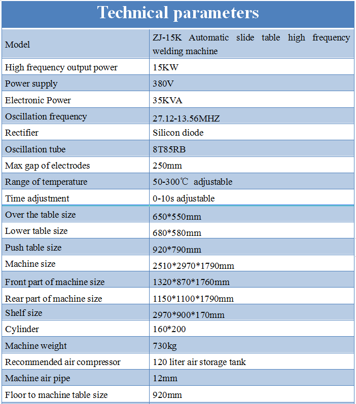 15KW Disabled Cushion High Frequency Welding Machine Parameter