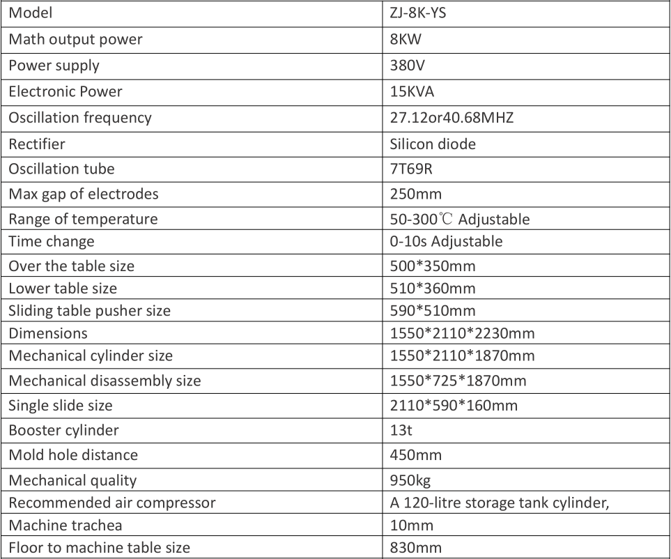 8KW Hot water bags high frequency welding and cutting machine Parameter