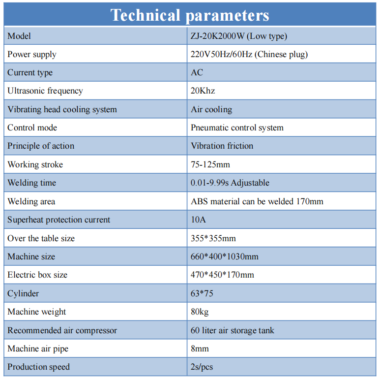 2000W Ultrasonic Plastic Welding Machine Parameter