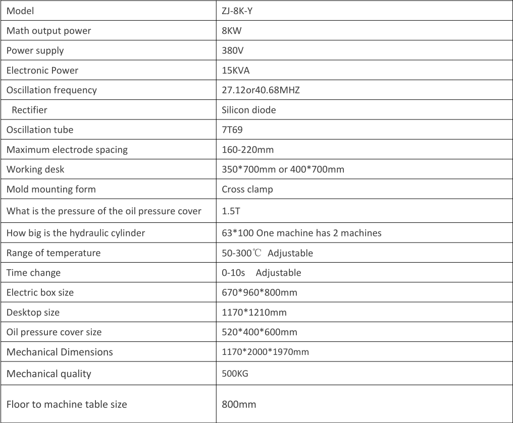 8KW TPU Logo Oil Pressure High Frequency Welding Machine Parameter Table
